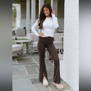 These Three Butter Soft High Waist Flare Leggings w front slits - Espresso